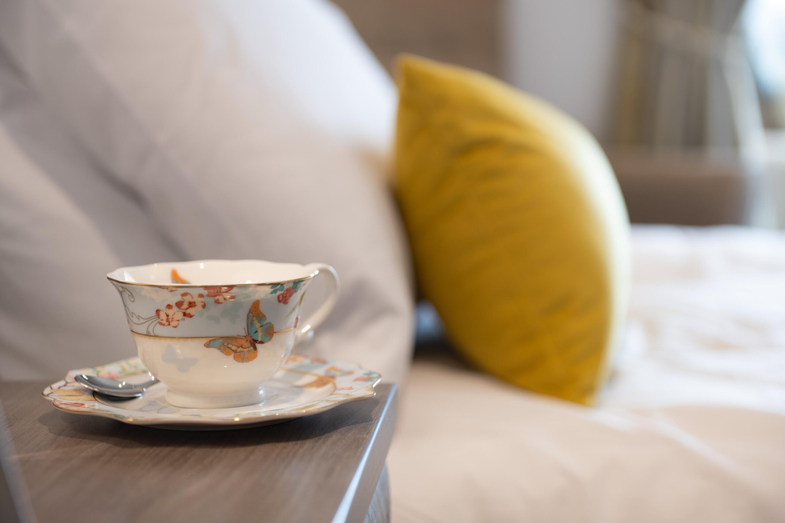 cup and saucer in residents bedroom