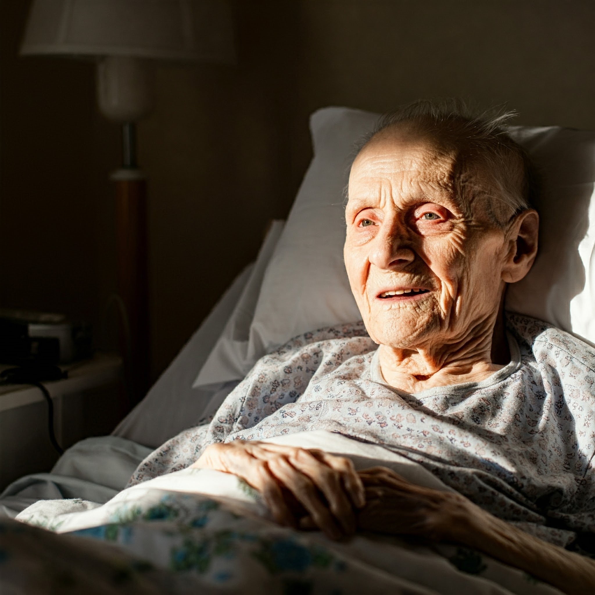 A resident in a dark room with a flash of sunlight across their face