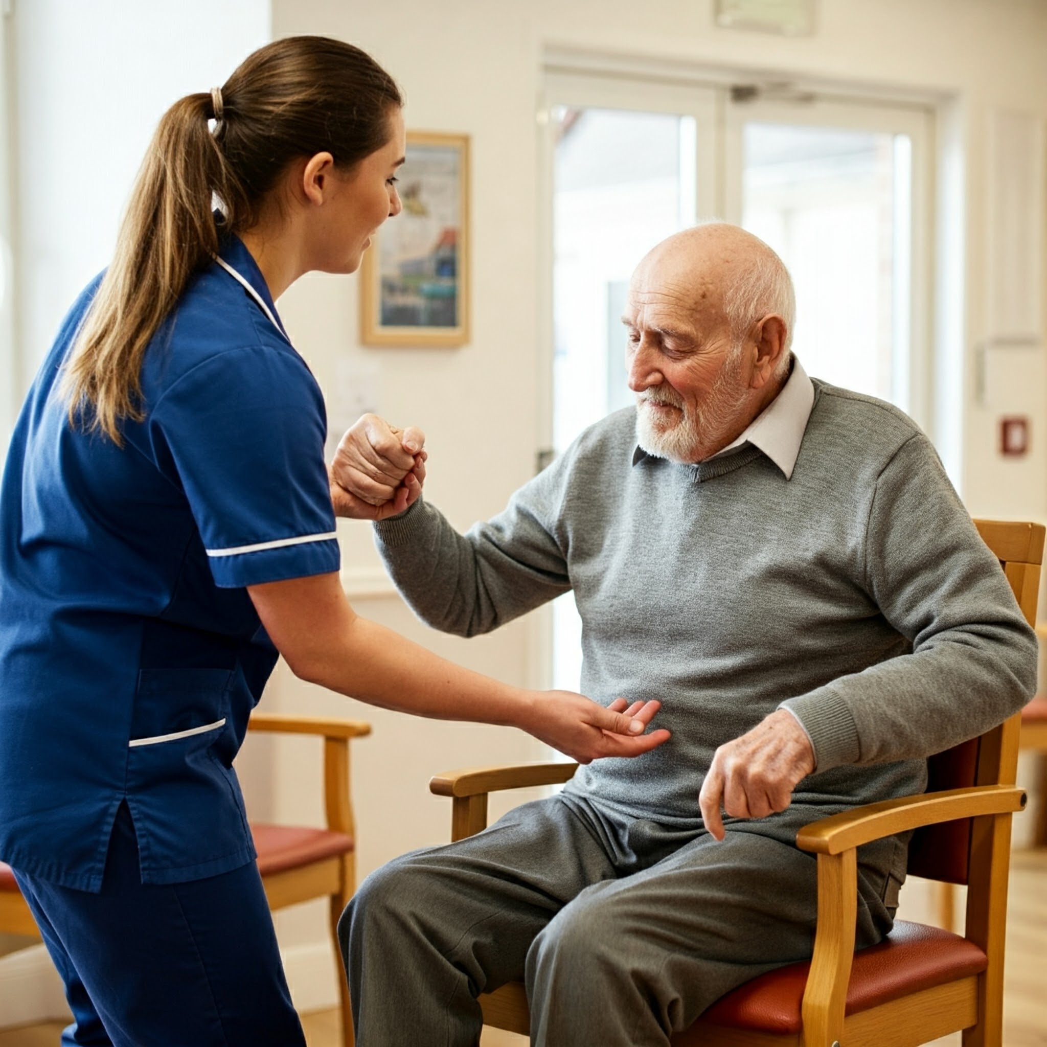 A resident being helped up from a chair