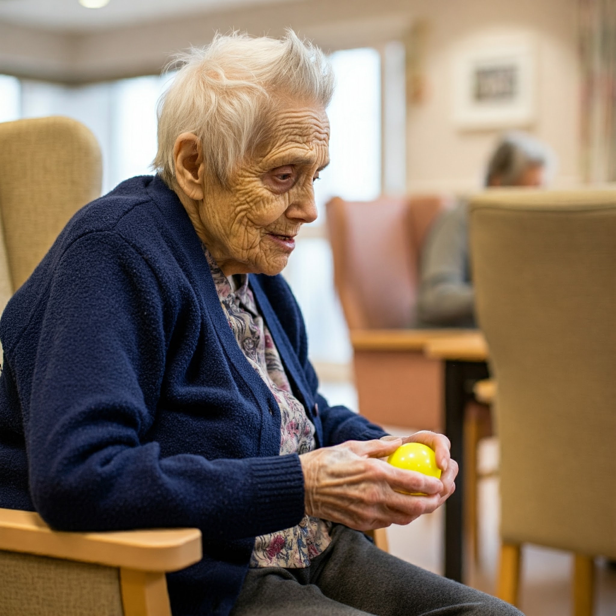 A resident holding a yellow ball